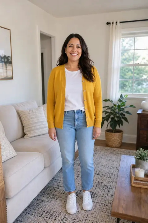 Sample photo: one woman standing in a living room in a mustard cardigan and jeans, face and outfit clearly visible